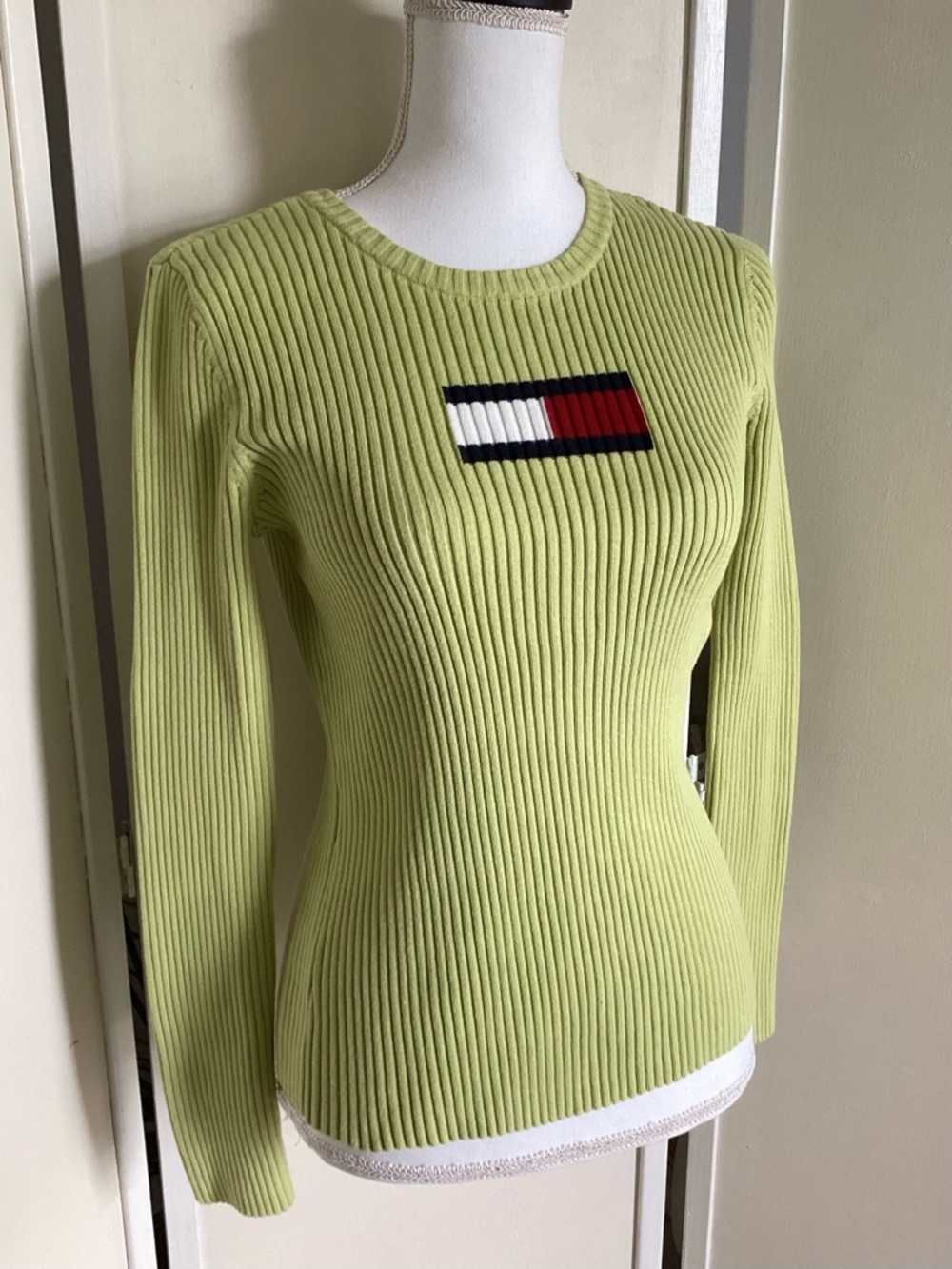 TOMMY HILFIGER Y2K ribbed sweater Sz S cotton green long sleeve